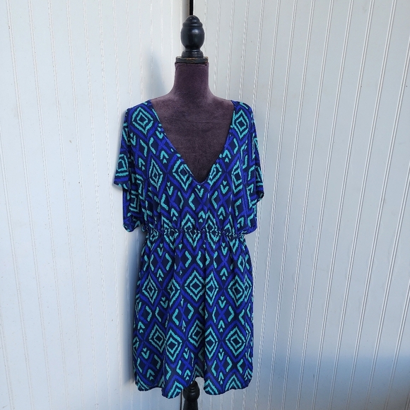 Merona Blue Green Geometric Print Swim Dress Cover-Up Elastic Waist Sheer XL - Picture 2 of 12